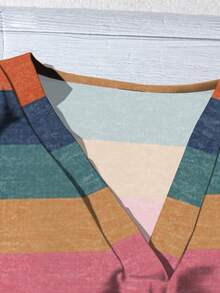 SHEIN LUNE 女士休闲度假风格豹纹 V 领短袖宽松衬衫，适合夏季 - 彩色 - 查看 4