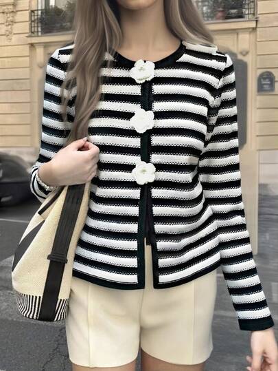 Chiquease 黑白条纹针织开衫，轻薄毛衣外套，适合春夏季