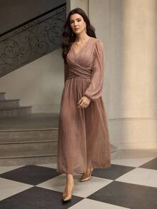 ZEYLAH 优雅派对闪光V领褶饰腰部连衣裙 - 藕粉色 - 查看 6