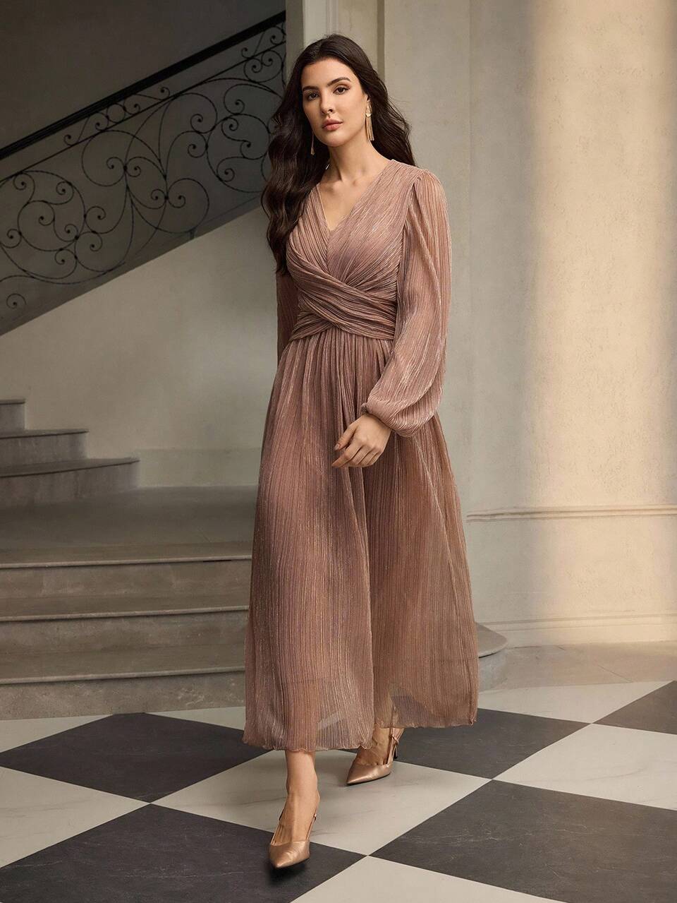 ZEYLAH Elegant Party Glitter V-Neck Ruched Waist Dress
