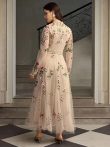 ZEYLAH 女式立领长袖优雅刺绣蕾丝拼布连衣裙 - 杏色 - 查看 3