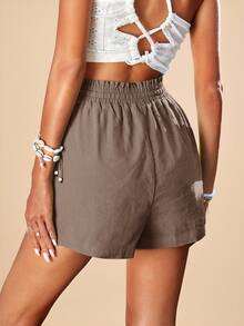 Travachic Quần short mùa xuân cạp chun màu trơn cho nữ, quần short thoải mái cho nữ, quần short thường ngày cho nữ, trang phục nghỉ dưỡng, phong cách thường ngày cho phụ nữ, đi chơi, thanh lịch, cho phụ nữ đi hòa nhạc, năm mới, quần short thường ngày cho nữ, bãi biển mùa hè - Cà phê nâu - Xem 2