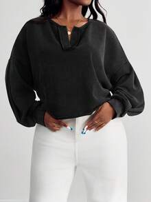 SHEIN PETITE CURVE Women's Casual Solid Color V-Neck Long Sleeve Loose Pullover Sweatshirt In Fall/Winter - Black - View 6