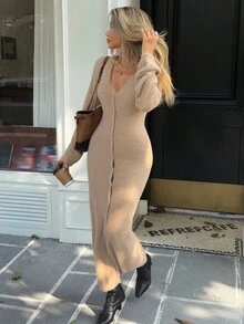 Livesso 女款V領燈籠袖長版針織毛衣洋裝，秋季校園風 - 卡其色 - 查看 7
