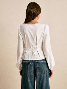 Poéselle 女式撞色蕾丝蝴蝶结装饰褶皱设计优雅衬衫 - 白色 - 查看 8