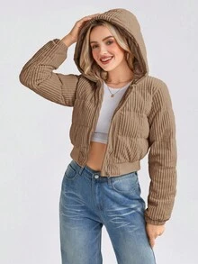 SHEIN LUNE 女式短款休闲街头时尚灯芯绒棉衣，冬季 - 棕色 - 查看 6