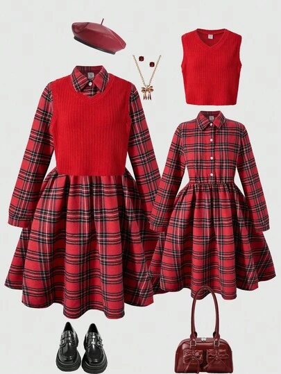 女童格子吊带背心衬衫裙两件套