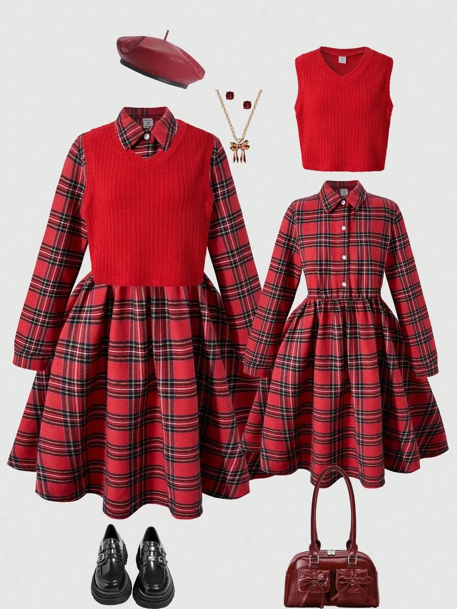 女童格子吊带背心衬衫裙两件套 - 紅色 - 查看 1