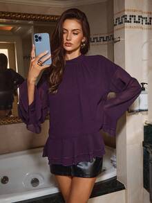 Aloruh Blusa morada de mujer con cuello de corbata, mangas abombadas y volantes, de estilo romántico y elegante, suelta y holgada, para otoño/invierno, blusa elegante y chic para mujeres, para citas y salidas nocturnas - Morado - Ver 6