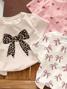 SHEIN 4件套女婴休闲简约蝴蝶结圆领短袖T恤，四季皆宜 - 米白色、米色、米粉色、复古豹纹蝴蝶结、迷你波点蝴蝶结
