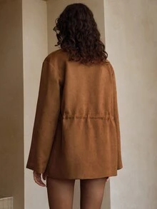 EMERY ROSE Women's Suede Fleece Fabric Stand Collar Waist Drawstring Design Daily Exquisite Commuter Jacket Regular Coat Fall Clothes For Women Winter Clothes Women's Winter Jacket - Coffee Brown - View 7
