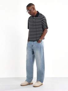 SUMWON 短款休闲经典短袖条纹 Polo 衫常规版型商务休闲办公室装度假度假领夏季春季上衣 - 黑與白 - 查看 6