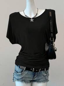 SHEIN EZwear 女士休闲宽松针织不对称肩T恤，夏季 - 黑色 - 查看 3