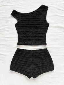 Soleia Women's Vacation Spring/Summer 2 Pieces Set: Red & White Striped Knit Asymmetrical Shoulder Crop Top And Super Low-Rise Bodycon Shorts, Suitable For Party, Christmas, Valentine's Day, Date, Beach, Cruise, Carnival, Easter, Chinese New Year