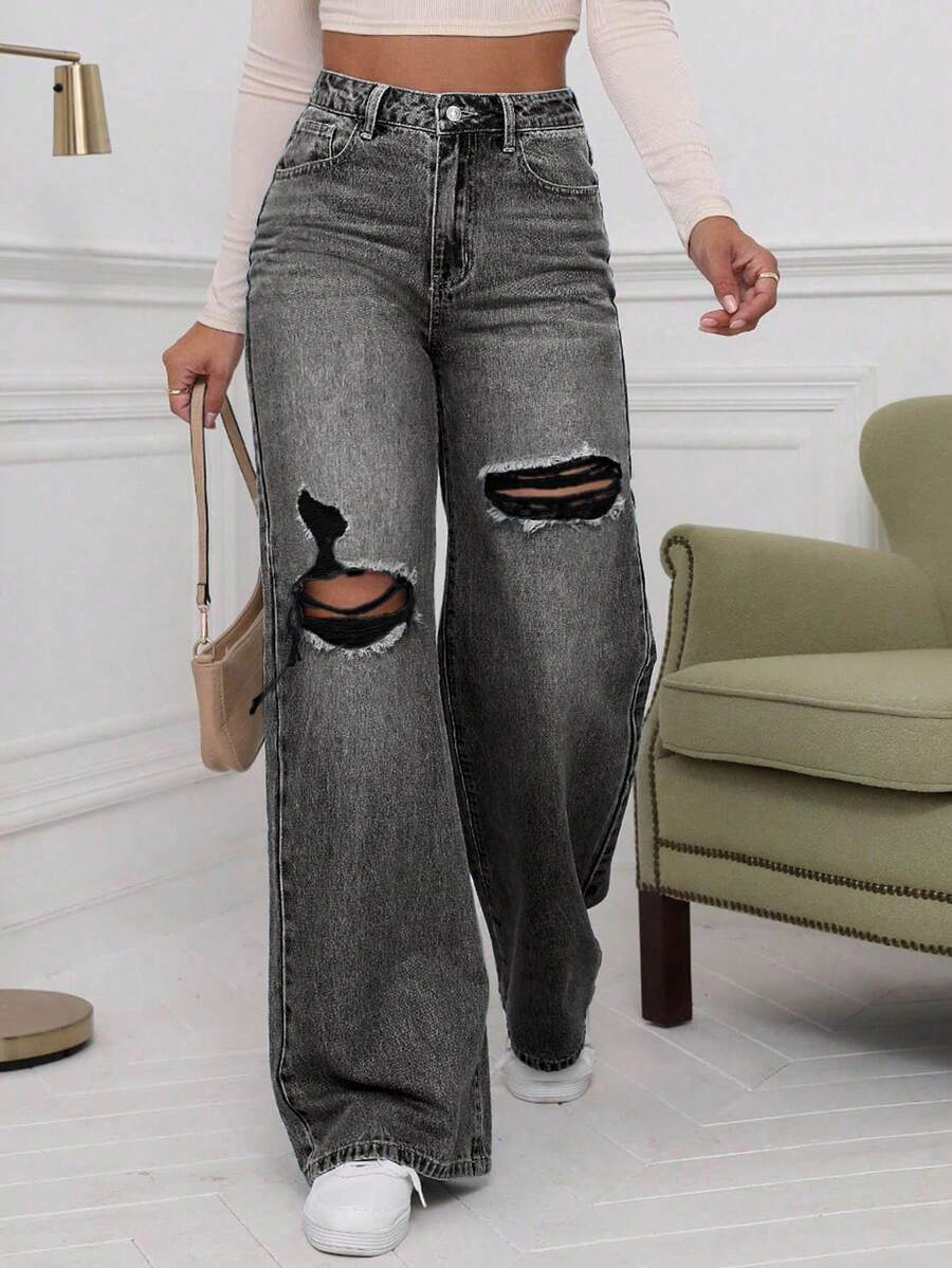 EMERY ROSE Washed Denim  High Waist Ripped Wide Leg Jeans - Dark Grey - View 1
