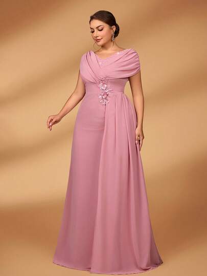 Serin Plus Size Elegant Luxurious Embroidered, Draped, Applique, Waist Cinched, A-Line Long Mother Of The Bride Dress, For Valentine's Day