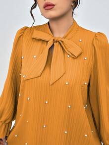 SHEIN Clasi 大码女式纯色领带仿珍珠装饰宽松时尚连衣裙 - 橘色 - 查看 3