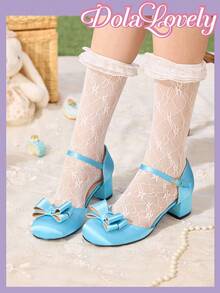 Dola Lovely Giày cao gót thanh lịch Mary Jane Pháp đính nơ - Màu xanh lam - Xem 5