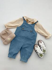 SHEIN Casual Sports Cute & Dropped Shoulder Loose Baggy Pocket Bib Overall Pants, Suitable For Baby Boys & Girls, Autumn/Winter Fall - Dusty Blue - View 4