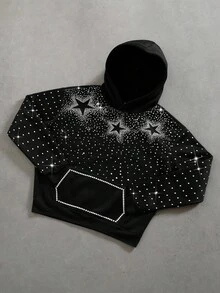 Manfinity Roghcode Men's Y2K Gothic Thermal Lined Hoodie,Black And Silver Star Rhinestone & Foil Print,Autumn,Streetwear,City Break Fall/Winter Glowmode Gift For Him - Black - View 1
