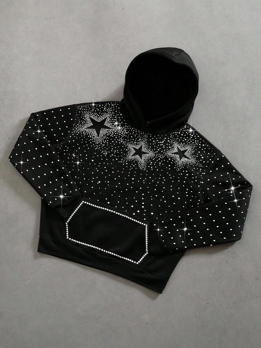 Manfinity Roghcode Men's Y2K Gothic Thermal Lined Hoodie,Black And Silver Star Rhinestone & Foil Print,Autumn,Streetwear,City Break Fall/Winter Glowmode Gift For Him - Black - View 1