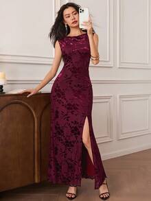 EastFlair 女式无袖花卉印花开衩连衣裙 - 酒紅色 - 查看 3