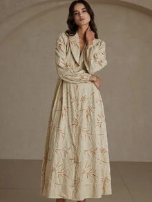 GENKIRA Natural Style Solid Color Embroidered Collar Single-Breasted High Waist Open Front Long Sleeve Dress For Women - Multicolor - View 6