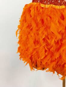 Amplova 大码女式万圣节精灵角色扮演亮片羽毛装饰连衣裙 - 橘色 - 查看 6