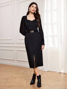 Miaspire 女士黑色雪纺袖中长连衣裙，鸡心领，优雅金属扣腰带，适合秋季外出聚会 - 黑色 - 查看 3