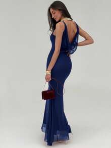 Aloruh Váy maxi lưới dài hở lưng, cổ xếp ly, màu đỏ tía lãng mạn cho ngày lễ tình nhân dành cho nữ - Màu xanh hải quân - Xem 6