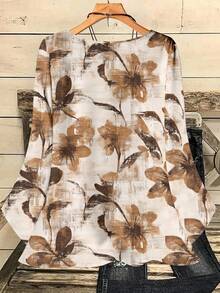 Mellowie Áo sơ mi cổ tròn tay 3/4 in họa tiết tối giản giản dị cỡ lớn, phù hợp cho mùa thu/đông - Nhiều màu - Xem 2