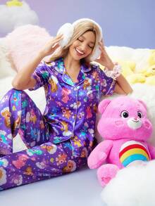 SweetSlumber X Carebears Women's Cute Cartoon Bear Print Satin Short Sleeve Top & Pants Pajama Set - Multicolor - View 4