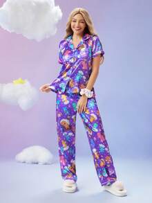 SweetSlumber X Carebears Women's Cute Cartoon Bear Print Satin Short Sleeve Top & Pants Pajama Set - Multicolor - View 5