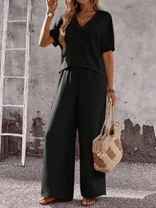 EMERY ROSE 女士纯色 V 领短袖上衣和宽松直筒裤 2 件套 - 黑色 - 查看 4