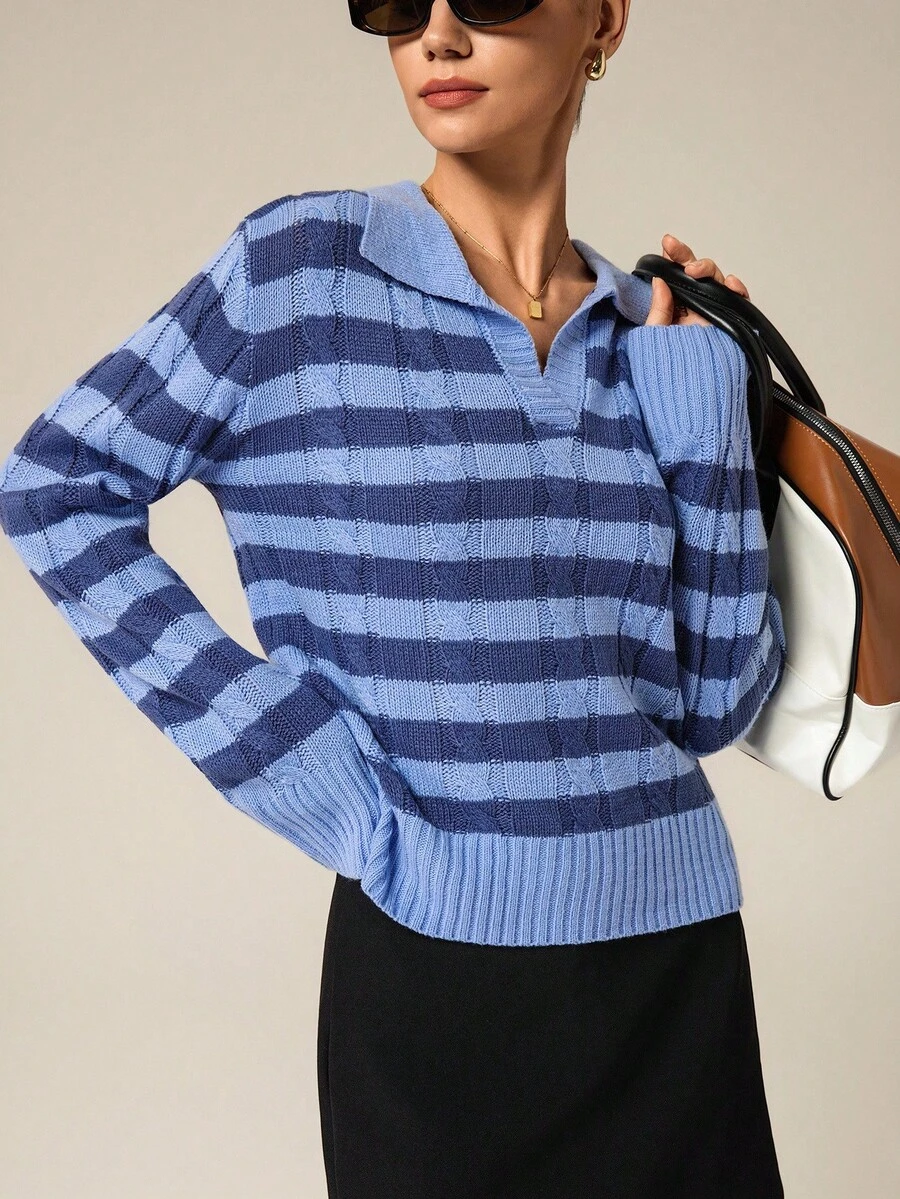 Hanevo Suéter casual versátil con cuello polo, tejido de punto de cable y bloques de color a rayas para otoño/invierno - Azul - Ver 1