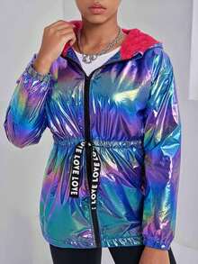 少女激光反光保暖连帽束腰外套，秋冬季 - 彩色 - 查看 3