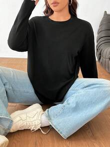 SHEIN EZwear Plus Size Women's Solid Color Round Neck Loose Long Sleeve Casual T-Shirt, Spring/Summer - Black - View 1