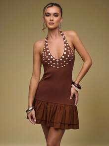 SHEIN BAE Women's Button Decor Ruffle Hem Sexy Halter Knit Dress,Fall Clothes For Women,Fall Sweaters,Women's Fall Clothes ,Winter Clothes Women,Halloween,Christmas, Sweater Dresses,Back To School,Birthday Dresses For Women,Birthday Outfits For Women,Button Decoration,Brown Sweater Dress,