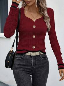EMERY ROSE Suéter ajustado con ribete de contraste, casual y apropiado para el transporte, otoño - Burdeos - Ver 4