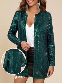 Amorya Women's Casual Sequin Decorated Long Sleeve Lightweight Jacket In Fall/Winter - Dark Green - View 3