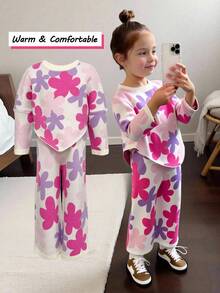 Emery Rose Kids Emery Rose Kids 2 件套少女彩色花卉图案圆领不对称斗篷毛衣和阔腿针织裤套装，可爱、温暖、舒适、休闲 - 彩色 - 查看 9