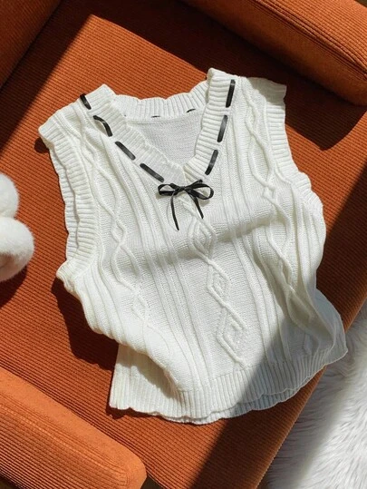 Comfortcana Plus Size Women Knitted V-Neck Ruffled Bow Tie Textured Casual Cute Sweater Vest