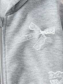 Genkimix Kids Toddler Girls Light Grey Casual Zip Up Hoodie, Jacket With Zipper And Lace Bow Details Drop Shoulder Regular Length Every Day Wear Fall Winter - Light Grey - View 3