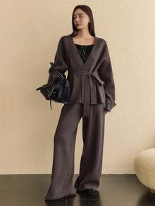 Dazy-Less 2pcs/Set Elegant Bowknot Knit Sweater Set For Women, Autumn/Winter Business Casual Woman - Coffee Brown - View 4