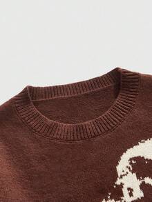 ROMWE MEN ROMWE Avant Men's Crew Neck Distressed Figure Pattern Sweater, Fall Winter - Mocha Brown - View 4