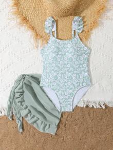 1pc Tween Girl Random Print One-Piece Swimsuit - Dark Green - View 6