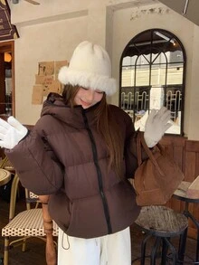 DAZY 女士宽松连帽绗缝羽绒服，纯色，加厚保暖内衬，秋冬女式外套 - 咖啡棕 - 查看 6