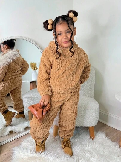 2pcs/Set Young Girls Textured Fleece Hoodie + Loose Fit Pants, Casual Everyday Wear, Suitable For Indoor And Outdoor Fall Winter