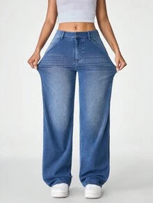 Flexra جينز كاجوال بجيوب وقصة مستقيمة فضفاضة للنساء - أزرق متوسط - مشاهدة 4