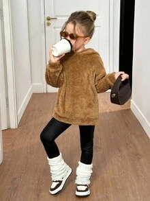 SHEIN 年轻女孩可爱棕色蓬松毛衣可爱小熊帽子小熊耳朵毛衣舒适温暖毛衣蓬松长袖连帽衫大蓬松棕色毛衣儿童秋冬款式连衣裙，适合休闲、日常穿着、上学、大学风格、返校季、派对 - 棕色 - 查看 5